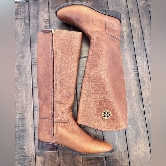 Tory Burch Women's Size 7.5 M Tall Leather Riding Boots Brown Gold Logo - Picture 8 of 16